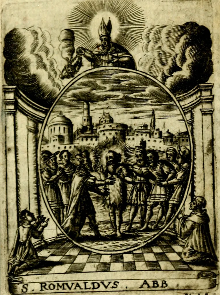 An illustration from Fasti Mariani cum illustrium diuorum imaginib. & elogijs prope DC. in singulos anni menses diésq SS. natales distributis, 1630, leaf 582
