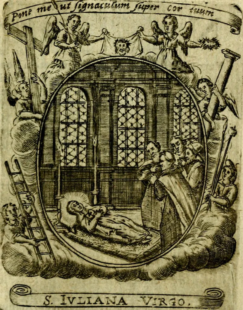 An illustration from Fasti Mariani cum illustrium diuorum imaginib. & elogijs prope DC. in singulos anni menses diésq SS. natales distributis, 1630, leaf 584