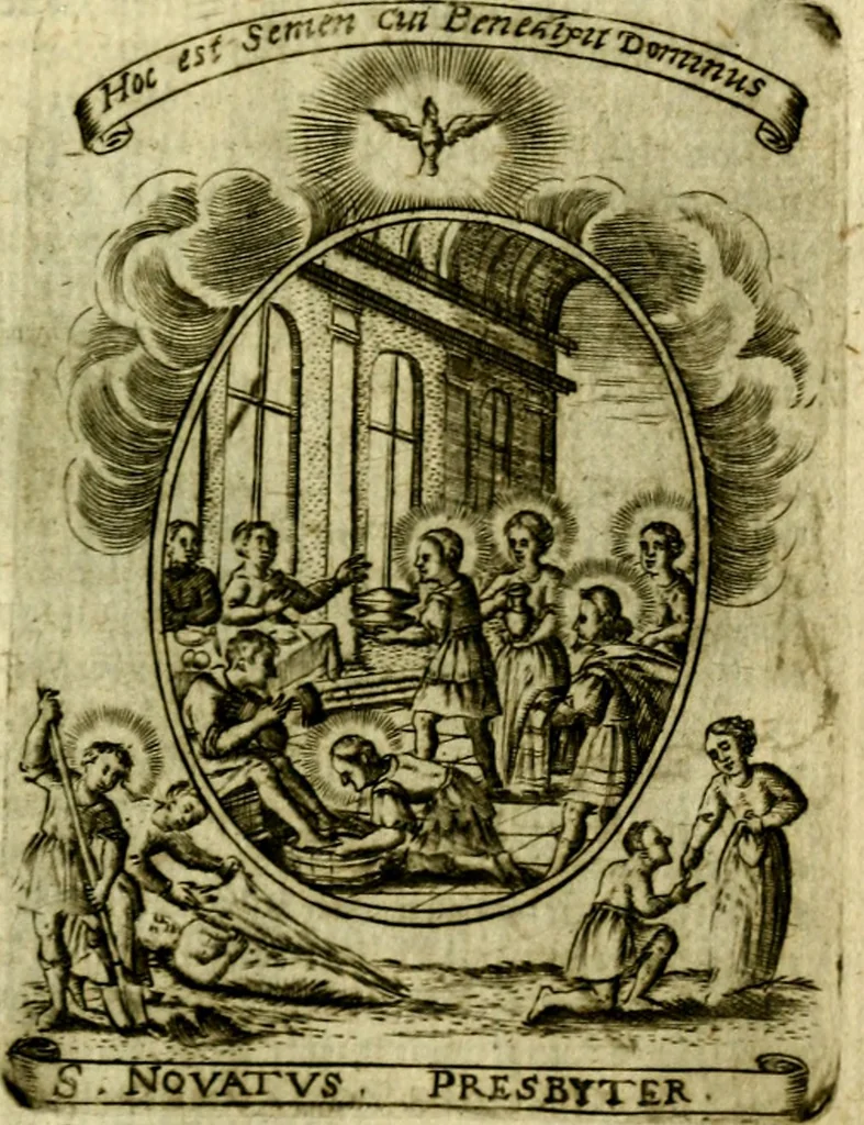 An illustration from Fasti Mariani cum illustrium diuorum imaginib. & elogijs prope DC. in singulos anni menses diésq SS. natales distributis, 1630, leaf 588