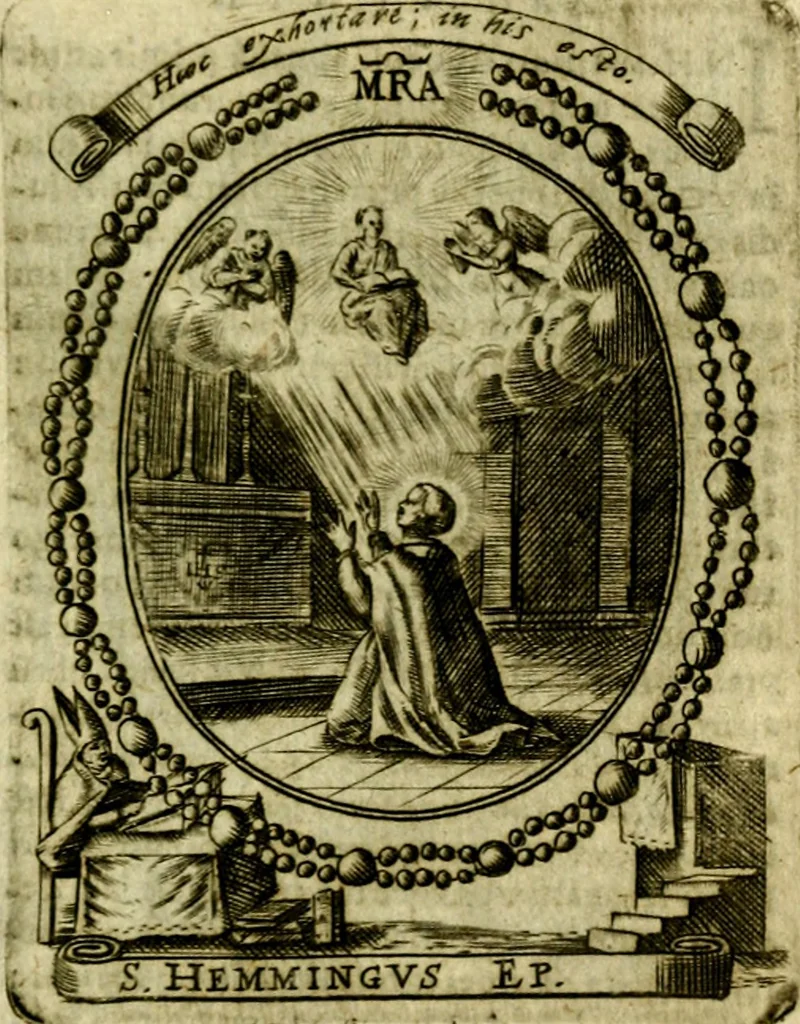 An illustration from Fasti Mariani cum illustrium diuorum imaginib. & elogijs prope DC. in singulos anni menses diésq SS. natales distributis, 1630, leaf 590