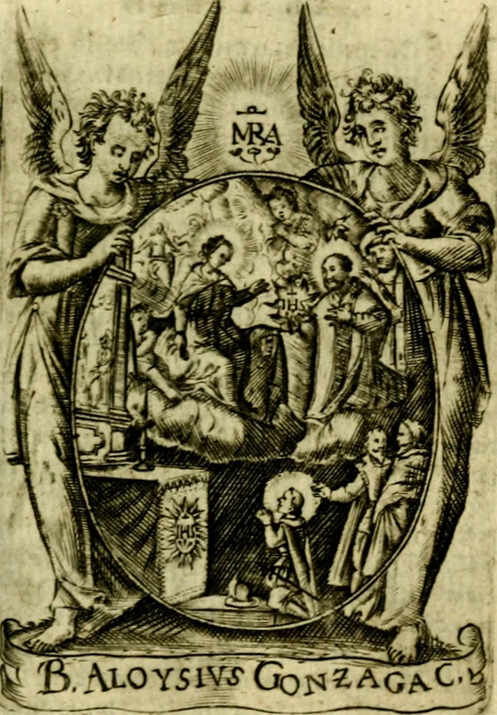 An illustration from Fasti Mariani cum illustrium diuorum imaginib. & elogijs prope DC. in singulos anni menses diésq SS. natales distributis, 1630, leaf 592