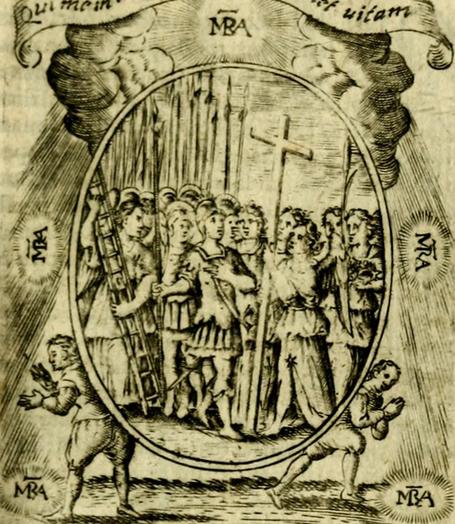 An illustration from Fasti Mariani cum illustrium diuorum imaginib. & elogijs prope DC. in singulos anni menses diésq SS. natales distributis, 1630, leaf 594