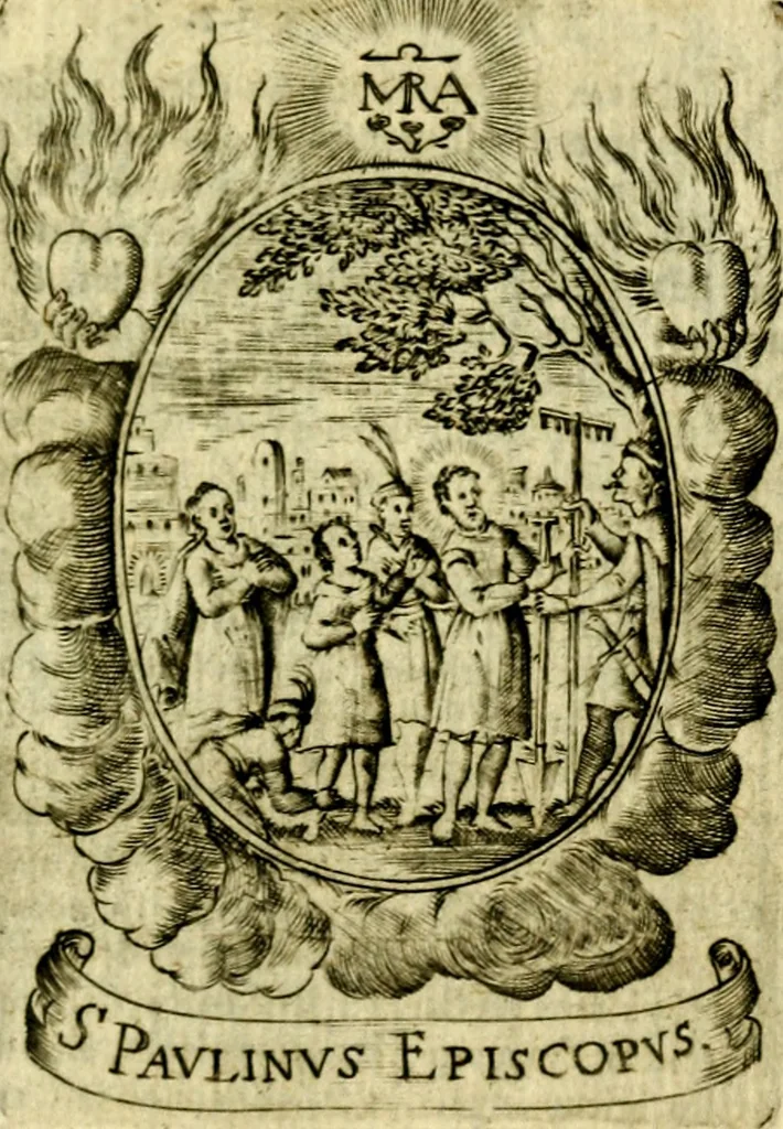 An illustration from Fasti Mariani cum illustrium diuorum imaginib. & elogijs prope DC. in singulos anni menses diésq SS. natales distributis, 1630, leaf 596