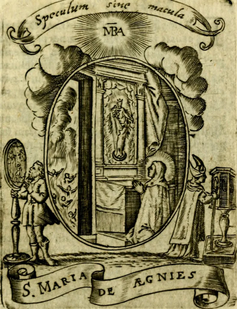 An illustration from Fasti Mariani cum illustrium diuorum imaginib. & elogijs prope DC. in singulos anni menses diésq SS. natales distributis, 1630, leaf 598