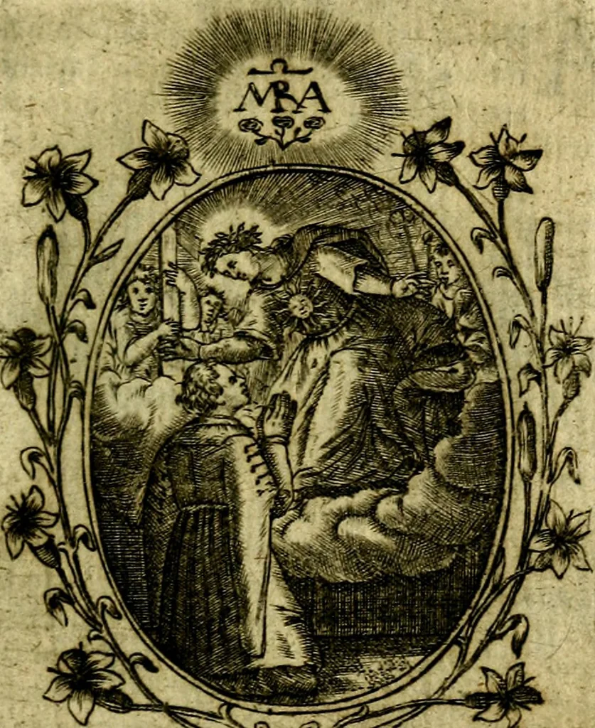 An illustration from Fasti Mariani cum illustrium diuorum imaginib. & elogijs prope DC. in singulos anni menses diésq SS. natales distributis, 1630, leaf 60