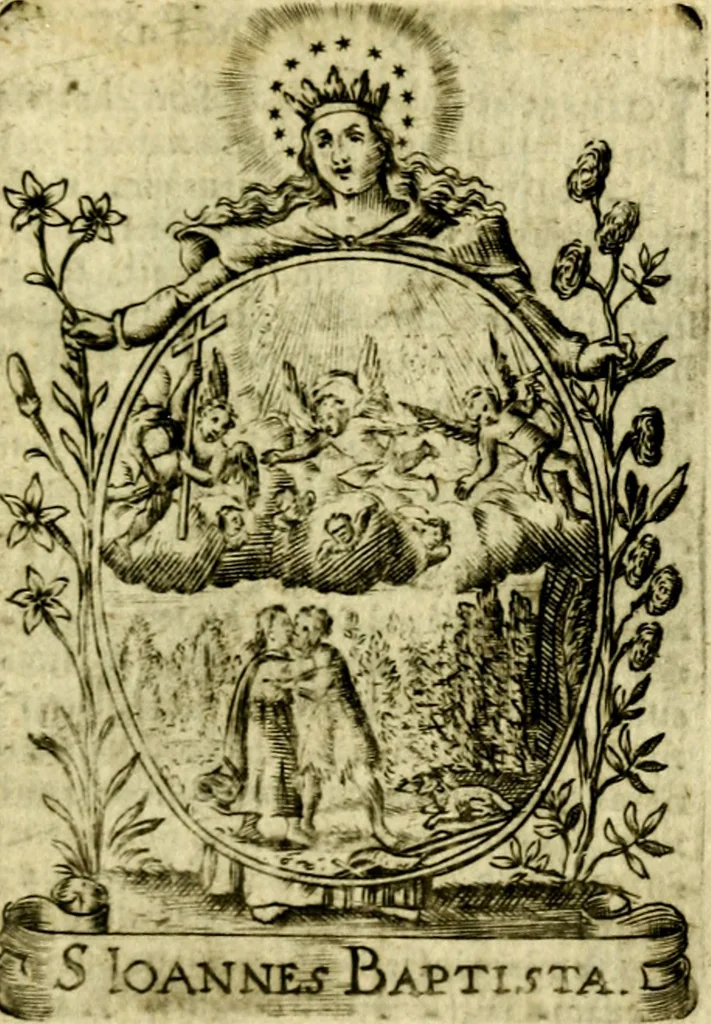 An illustration from Fasti Mariani cum illustrium diuorum imaginib. & elogijs prope DC. in singulos anni menses diésq SS. natales distributis, 1630, leaf 600