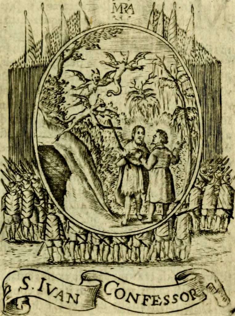 An illustration from Fasti Mariani cum illustrium diuorum imaginib. & elogijs prope DC. in singulos anni menses diésq SS. natales distributis, 1630, leaf 602