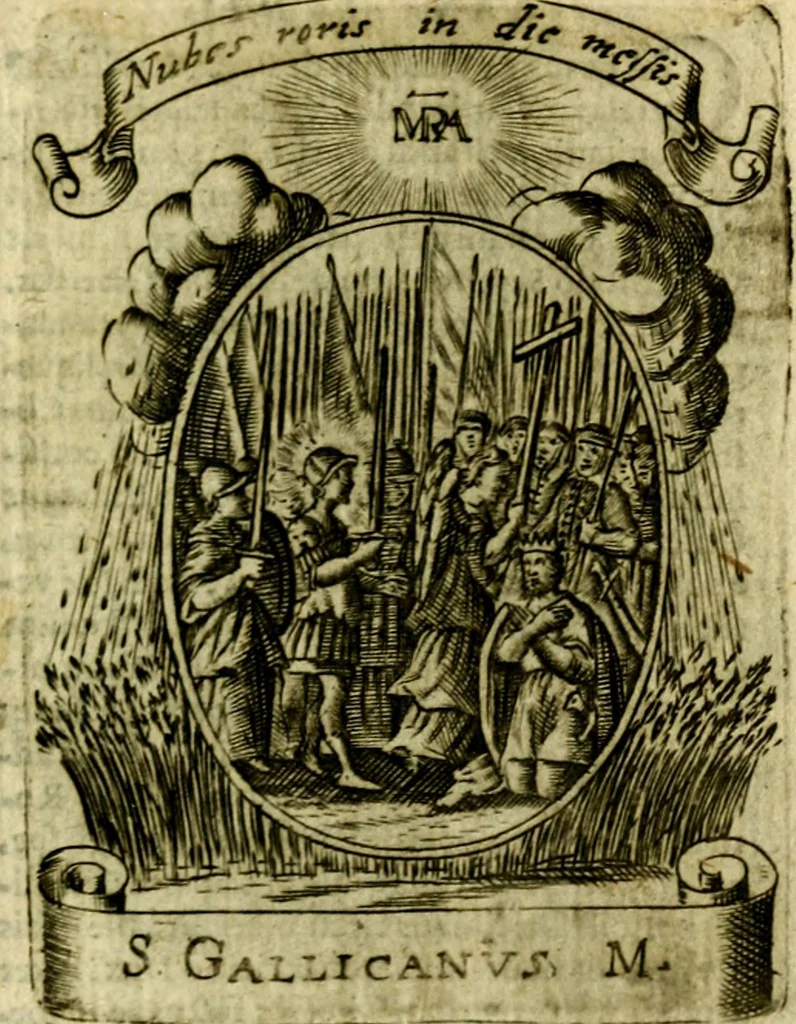 An illustration from Fasti Mariani cum illustrium diuorum imaginib. & elogijs prope DC. in singulos anni menses diésq SS. natales distributis, 1630, leaf 604