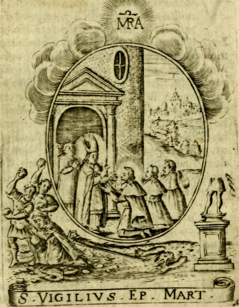 An illustration from Fasti Mariani cum illustrium diuorum imaginib. & elogijs prope DC. in singulos anni menses diésq SS. natales distributis, 1630, leaf 606
