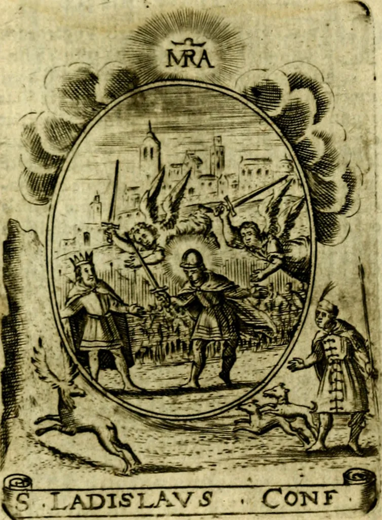 An illustration from Fasti Mariani cum illustrium diuorum imaginib. & elogijs prope DC. in singulos anni menses diésq SS. natales distributis, 1630, leaf 608