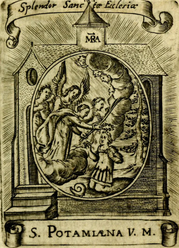 An illustration from Fasti Mariani cum illustrium diuorum imaginib. & elogijs prope DC. in singulos anni menses diésq SS. natales distributis, 1630, leaf 610