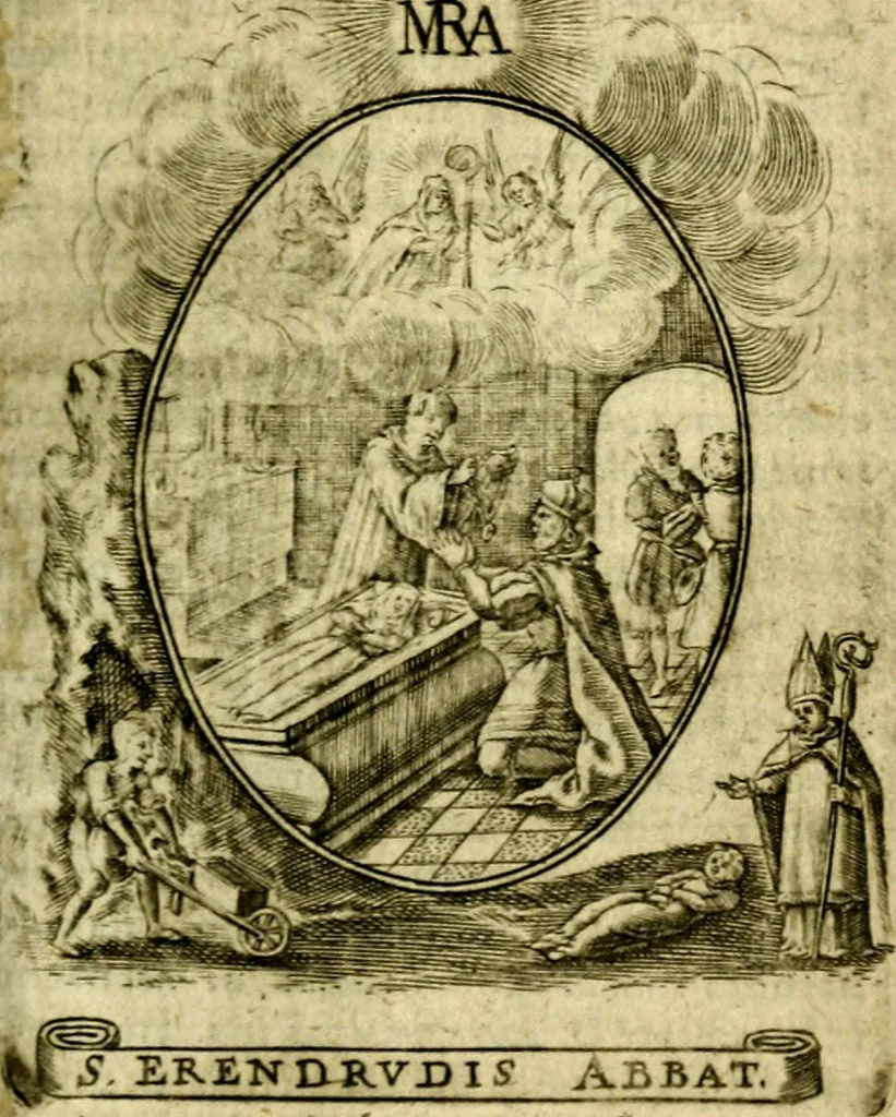 An illustration from Fasti Mariani cum illustrium diuorum imaginib. & elogijs prope DC. in singulos anni menses diésq SS. natales distributis, 1630, leaf 614