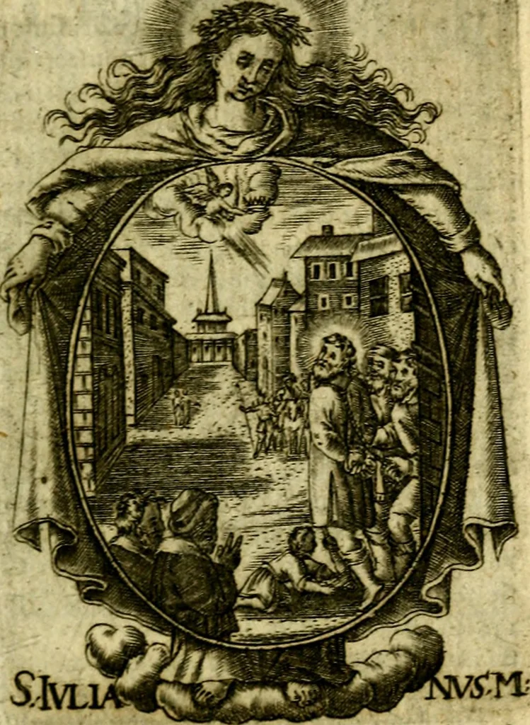 An illustration from Fasti Mariani cum illustrium diuorum imaginib. & elogijs prope DC. in singulos anni menses diésq SS. natales distributis, 1630, leaf 62
