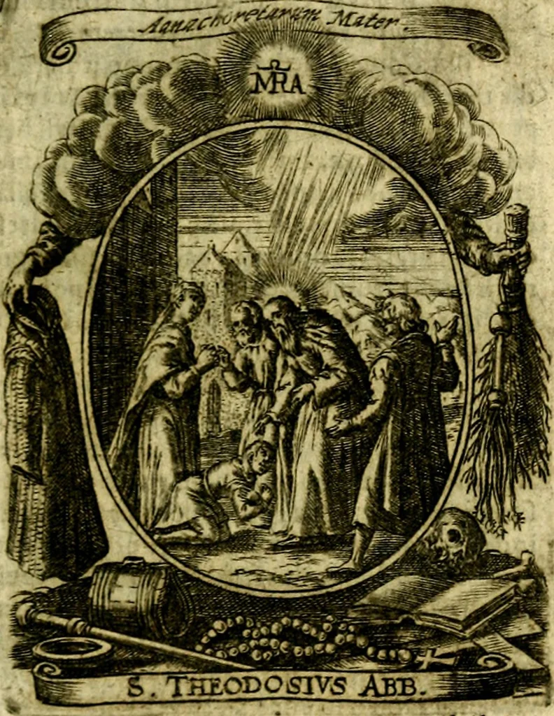 An illustration from Fasti Mariani cum illustrium diuorum imaginib. & elogijs prope DC. in singulos anni menses diésq SS. natales distributis, 1630, leaf 66