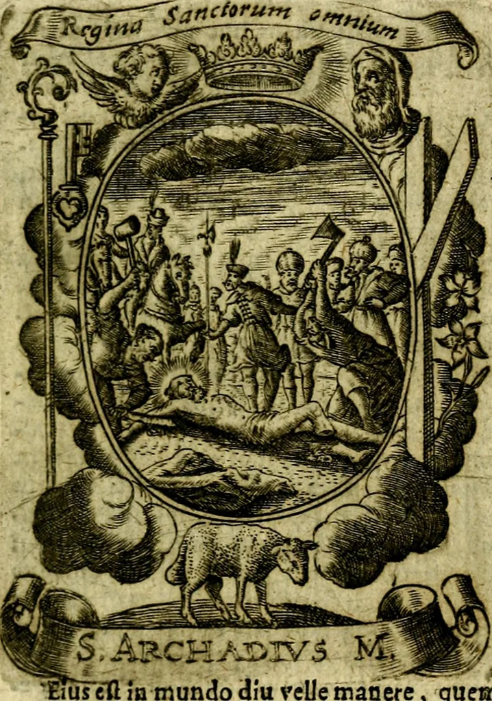 An illustration from Fasti Mariani cum illustrium diuorum imaginib. & elogijs prope DC. in singulos anni menses diésq SS. natales distributis, 1630, leaf 68
