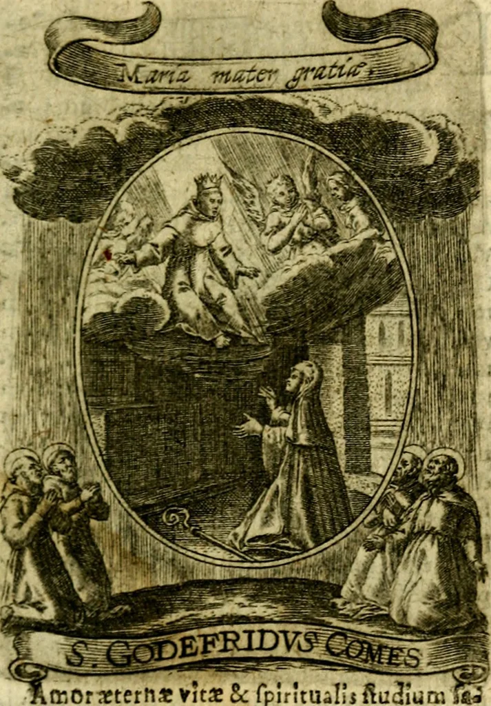 An illustration from Fasti Mariani cum illustrium diuorum imaginib. & elogijs prope DC. in singulos anni menses diésq SS. natales distributis, 1630, leaf 70