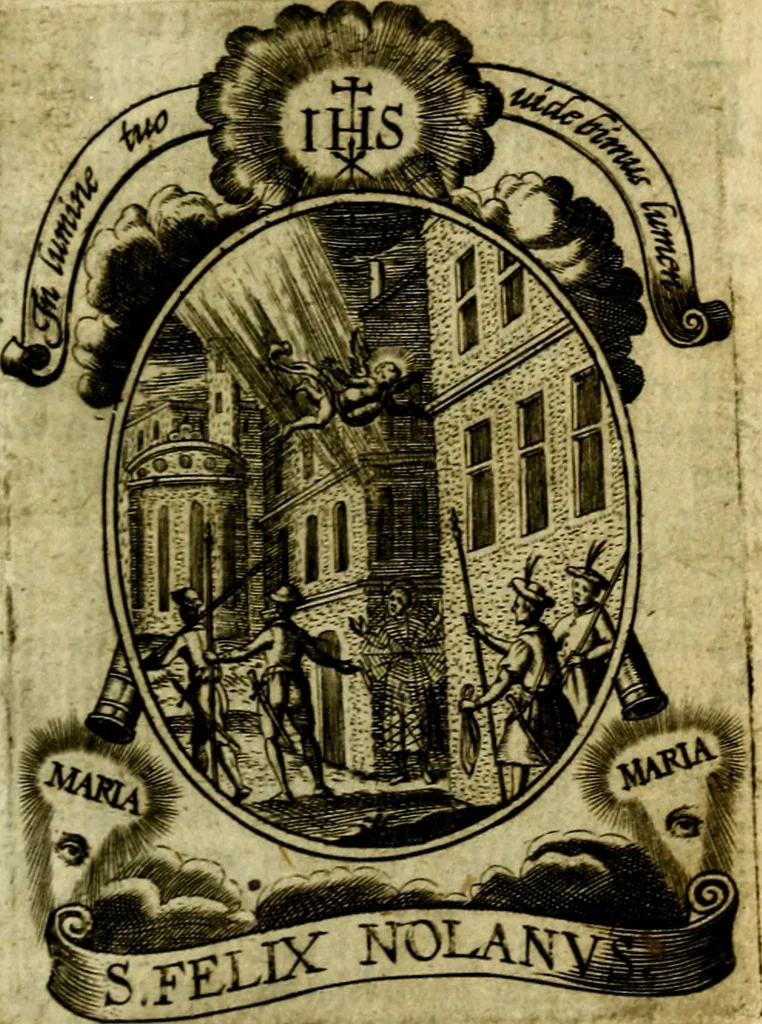 An illustration from Fasti Mariani cum illustrium diuorum imaginib. & elogijs prope DC. in singulos anni menses diésq SS. natales distributis, 1630, leaf 72