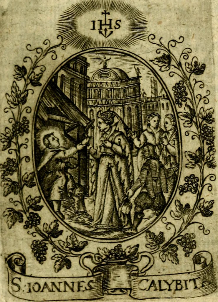 An illustration from Fasti Mariani cum illustrium diuorum imaginib. & elogijs prope DC. in singulos anni menses diésq SS. natales distributis, 1630, leaf 76