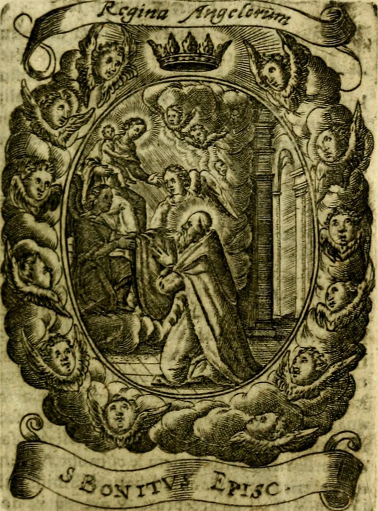 An illustration from Fasti Mariani cum illustrium diuorum imaginib. & elogijs prope DC. in singulos anni menses diésq SS. natales distributis, 1630, leaf 78