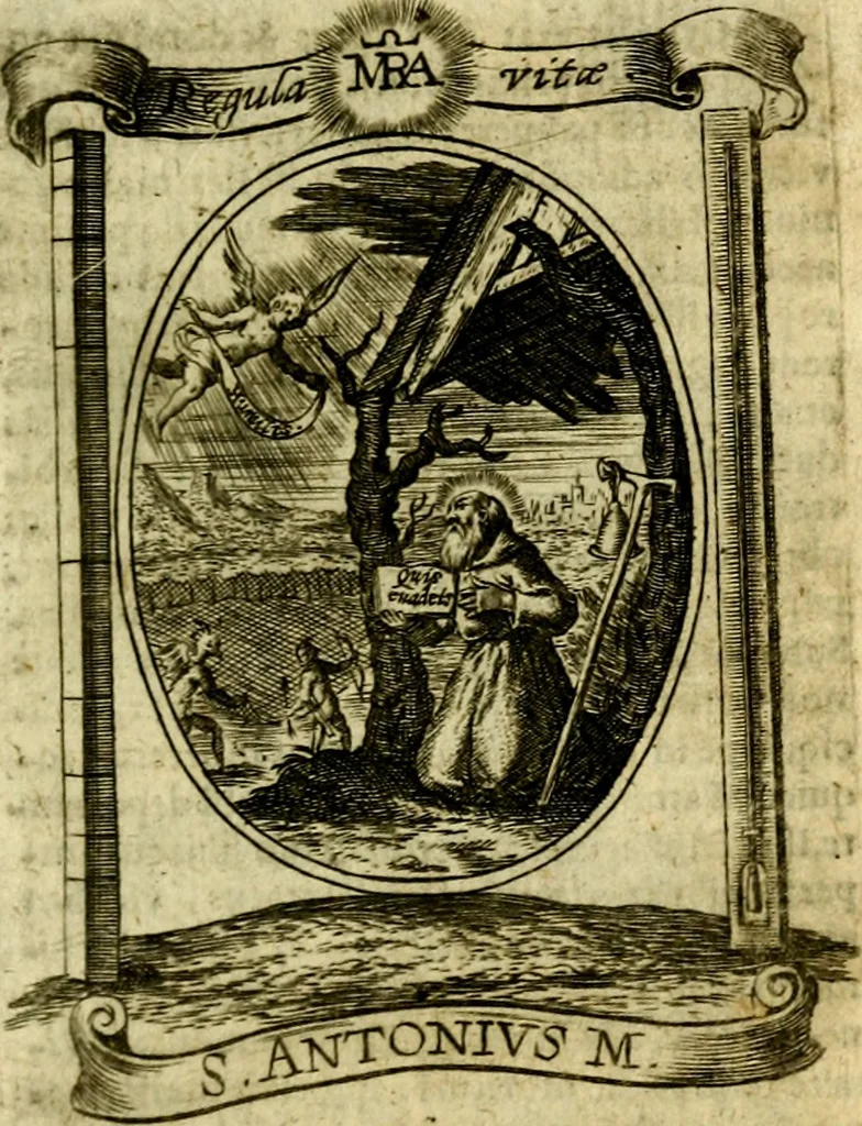 An illustration from Fasti Mariani cum illustrium diuorum imaginib. & elogijs prope DC. in singulos anni menses diésq SS. natales distributis, 1630, leaf 82