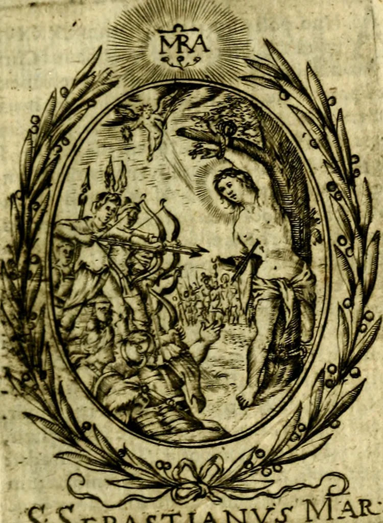 An illustration from Fasti Mariani cum illustrium diuorum imaginib. & elogijs prope DC. in singulos anni menses diésq SS. natales distributis, 1630, leaf 90
