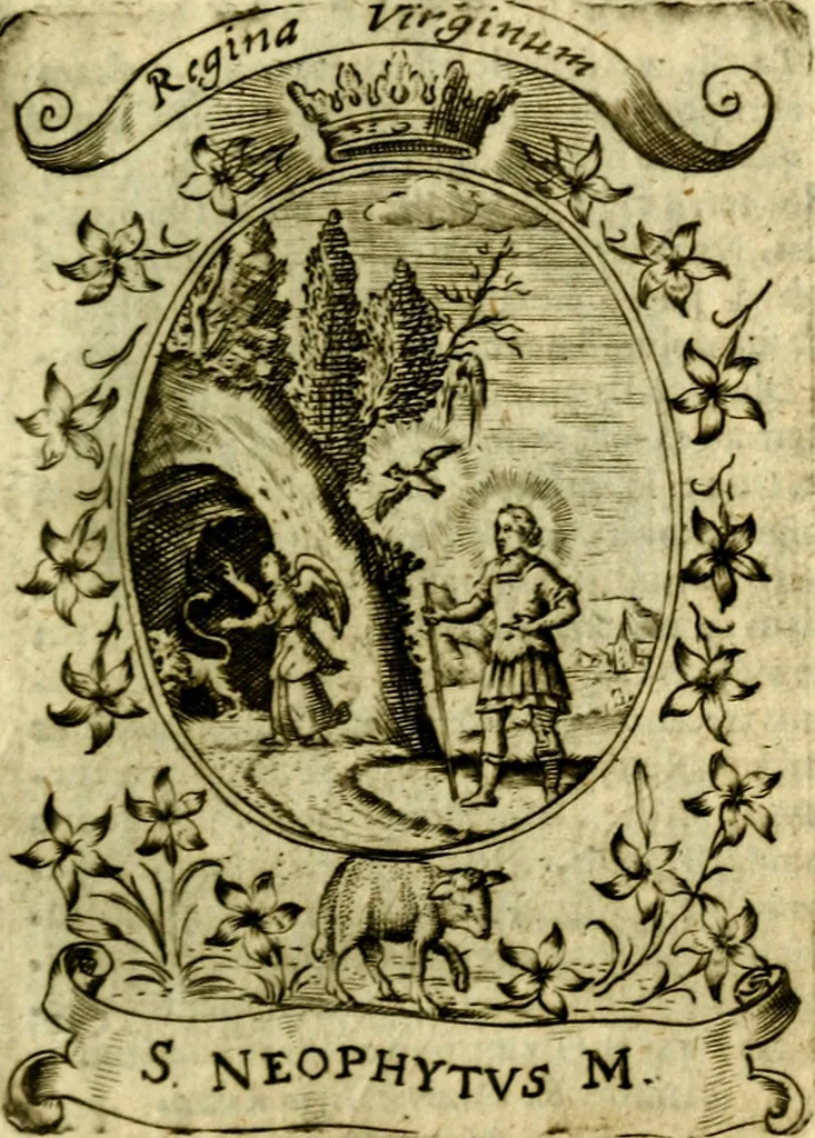 An illustration from Fasti Mariani cum illustrium diuorum imaginib. & elogijs prope DC. in singulos anni menses diésq SS. natales distributis, 1630, leaf 92