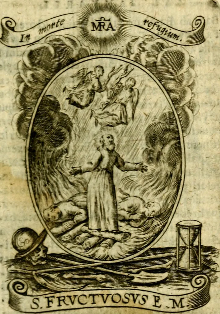 An illustration from Fasti Mariani cum illustrium diuorum imaginib. & elogijs prope DC. in singulos anni menses diésq SS. natales distributis, 1630, leaf 94