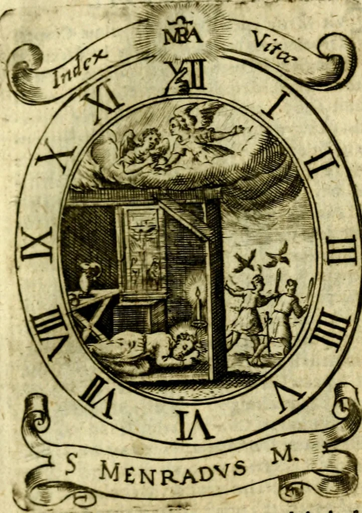 An illustration from Fasti Mariani cum illustrium diuorum imaginib. & elogijs prope DC. in singulos anni menses diésq SS. natales distributis, 1630, leaf 96