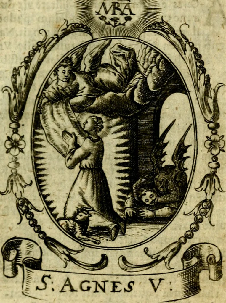 An illustration from Fasti Mariani cum illustrium diuorum imaginib. & elogijs prope DC. in singulos anni menses diésq SS. natales distributis, 1630, leaf 98