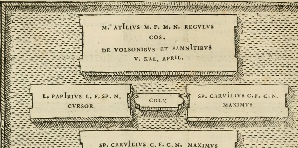 An illustration from Fastos magistratvvm et trivmphorvm Romanorvm ab vrbe condita ad Avgvsti obitvm, ex antiqvis tam nvmismatvm qvam marmorvm monvmentis restitvtos, 1566, leaf 103