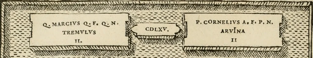 An illustration from Fastos magistratvvm et trivmphorvm Romanorvm ab vrbe condita ad Avgvsti obitvm, ex antiqvis tam nvmismatvm qvam marmorvm monvmentis restitvtos, 1566, leaf 105