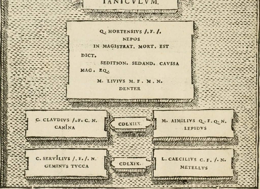 An illustration from Fastos magistratvvm et trivmphorvm Romanorvm ab vrbe condita ad Avgvsti obitvm, ex antiqvis tam nvmismatvm qvam marmorvm monvmentis restitvtos, 1566, leaf 105