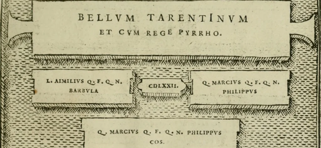 An illustration from Fastos magistratvvm et trivmphorvm Romanorvm ab vrbe condita ad Avgvsti obitvm, ex antiqvis tam nvmismatvm qvam marmorvm monvmentis restitvtos, 1566, leaf 106
