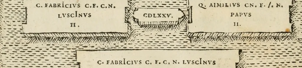 An illustration from Fastos magistratvvm et trivmphorvm Romanorvm ab vrbe condita ad Avgvsti obitvm, ex antiqvis tam nvmismatvm qvam marmorvm monvmentis restitvtos, 1566, leaf 107
