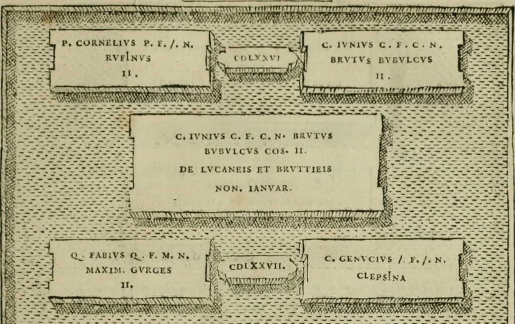 An illustration from Fastos magistratvvm et trivmphorvm Romanorvm ab vrbe condita ad Avgvsti obitvm, ex antiqvis tam nvmismatvm qvam marmorvm monvmentis restitvtos, 1566, leaf 108