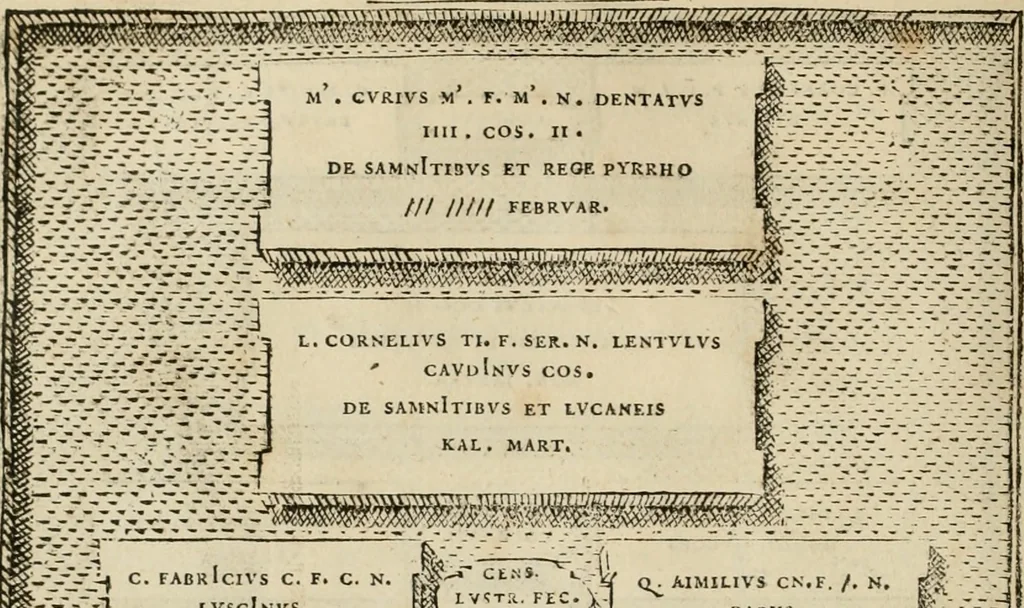 An illustration from Fastos magistratvvm et trivmphorvm Romanorvm ab vrbe condita ad Avgvsti obitvm, ex antiqvis tam nvmismatvm qvam marmorvm monvmentis restitvtos, 1566, leaf 109