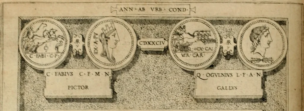 An illustration from Fastos magistratvvm et trivmphorvm Romanorvm ab vrbe condita ad Avgvsti obitvm, ex antiqvis tam nvmismatvm qvam marmorvm monvmentis restitvtos, 1566, leaf 111