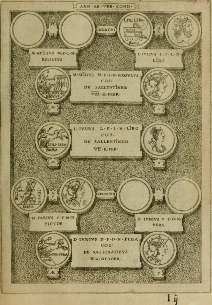 An illustration from Fastos magistratvvm et trivmphorvm Romanorvm ab vrbe condita ad Avgvsti obitvm, ex antiqvis tam nvmismatvm qvam marmorvm monvmentis restitvtos, 1566, leaf 112