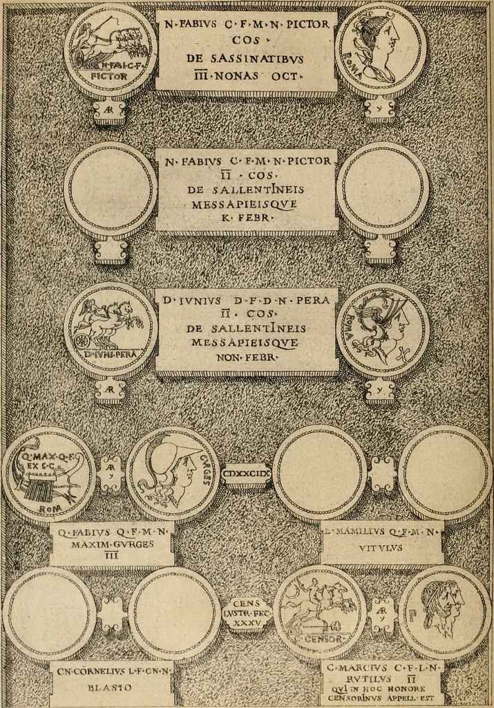 An illustration from Fastos magistratvvm et trivmphorvm Romanorvm ab vrbe condita ad Avgvsti obitvm, ex antiqvis tam nvmismatvm qvam marmorvm monvmentis restitvtos, 1566, leaf 113