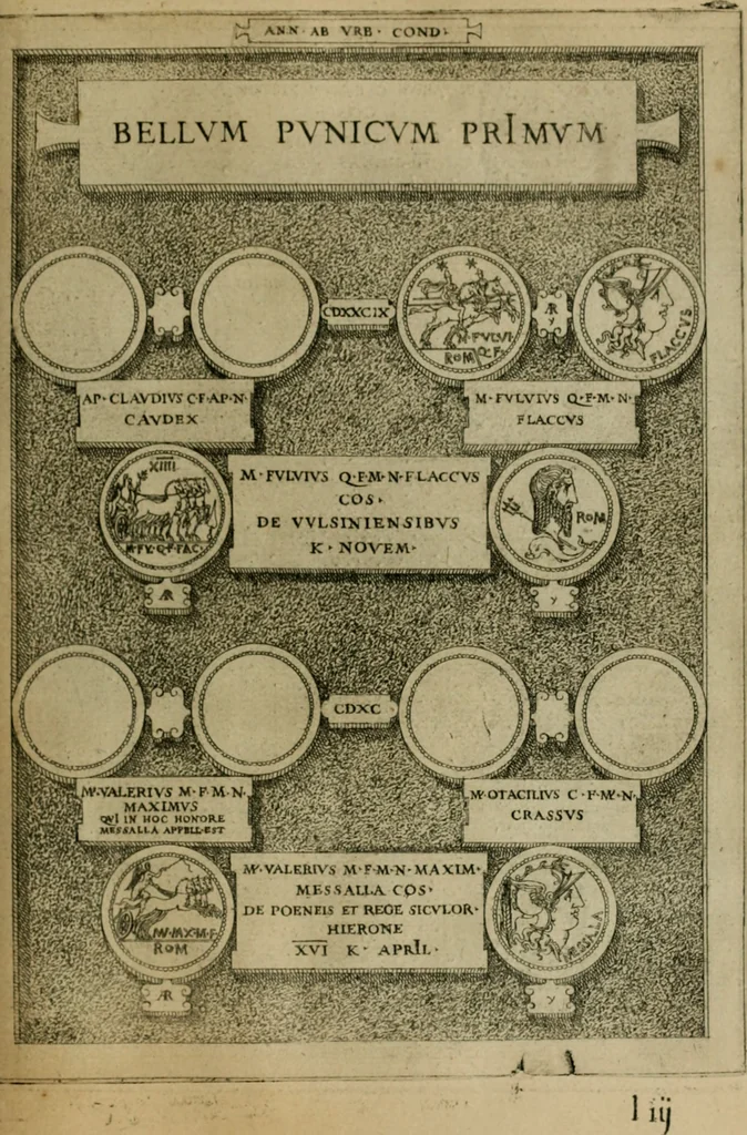 An illustration from Fastos magistratvvm et trivmphorvm Romanorvm ab vrbe condita ad Avgvsti obitvm, ex antiqvis tam nvmismatvm qvam marmorvm monvmentis restitvtos, 1566, leaf 114