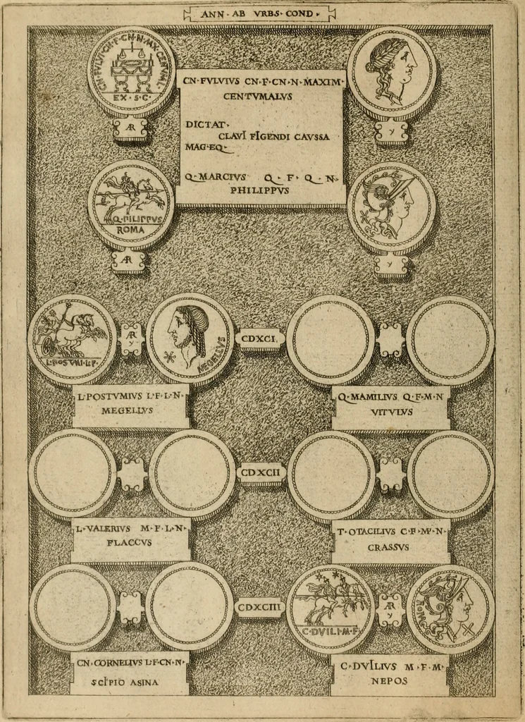An illustration from Fastos magistratvvm et trivmphorvm Romanorvm ab vrbe condita ad Avgvsti obitvm, ex antiqvis tam nvmismatvm qvam marmorvm monvmentis restitvtos, 1566, leaf 115