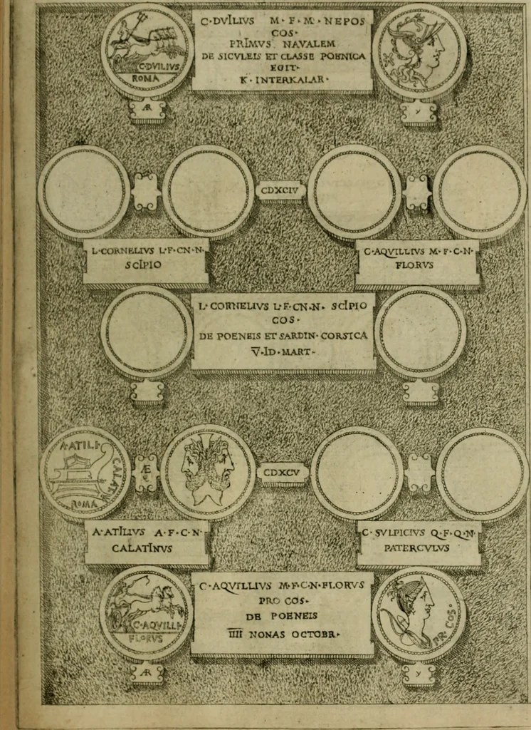 An illustration from Fastos magistratvvm et trivmphorvm Romanorvm ab vrbe condita ad Avgvsti obitvm, ex antiqvis tam nvmismatvm qvam marmorvm monvmentis restitvtos, 1566, leaf 116