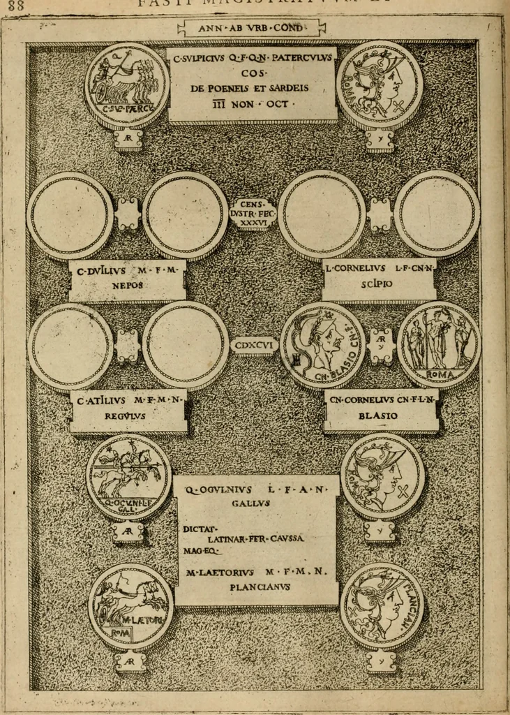 An illustration from Fastos magistratvvm et trivmphorvm Romanorvm ab vrbe condita ad Avgvsti obitvm, ex antiqvis tam nvmismatvm qvam marmorvm monvmentis restitvtos, 1566, leaf 117