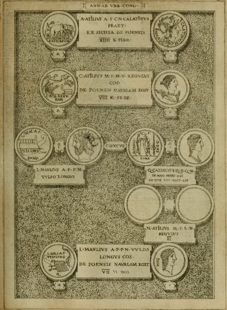 An illustration from Fastos magistratvvm et trivmphorvm Romanorvm ab vrbe condita ad Avgvsti obitvm, ex antiqvis tam nvmismatvm qvam marmorvm monvmentis restitvtos, 1566, leaf 118