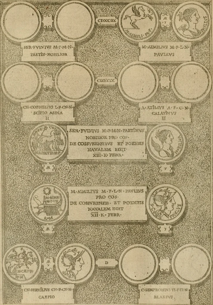 An illustration from Fastos magistratvvm et trivmphorvm Romanorvm ab vrbe condita ad Avgvsti obitvm, ex antiqvis tam nvmismatvm qvam marmorvm monvmentis restitvtos, 1566, leaf 119