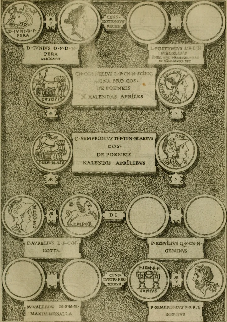 An illustration from Fastos magistratvvm et trivmphorvm Romanorvm ab vrbe condita ad Avgvsti obitvm, ex antiqvis tam nvmismatvm qvam marmorvm monvmentis restitvtos, 1566, leaf 120