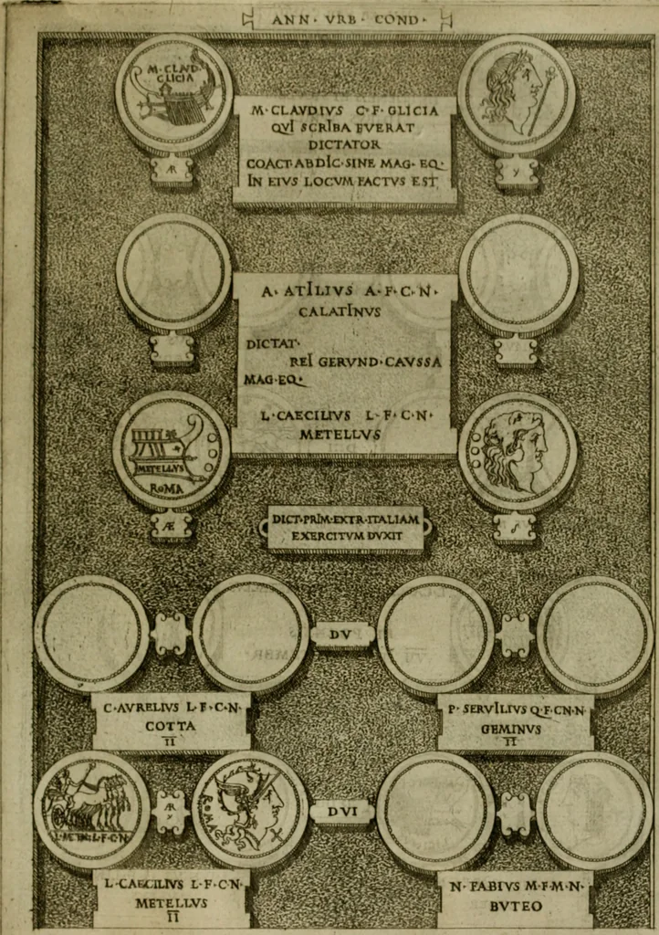 An illustration from Fastos magistratvvm et trivmphorvm Romanorvm ab vrbe condita ad Avgvsti obitvm, ex antiqvis tam nvmismatvm qvam marmorvm monvmentis restitvtos, 1566, leaf 122