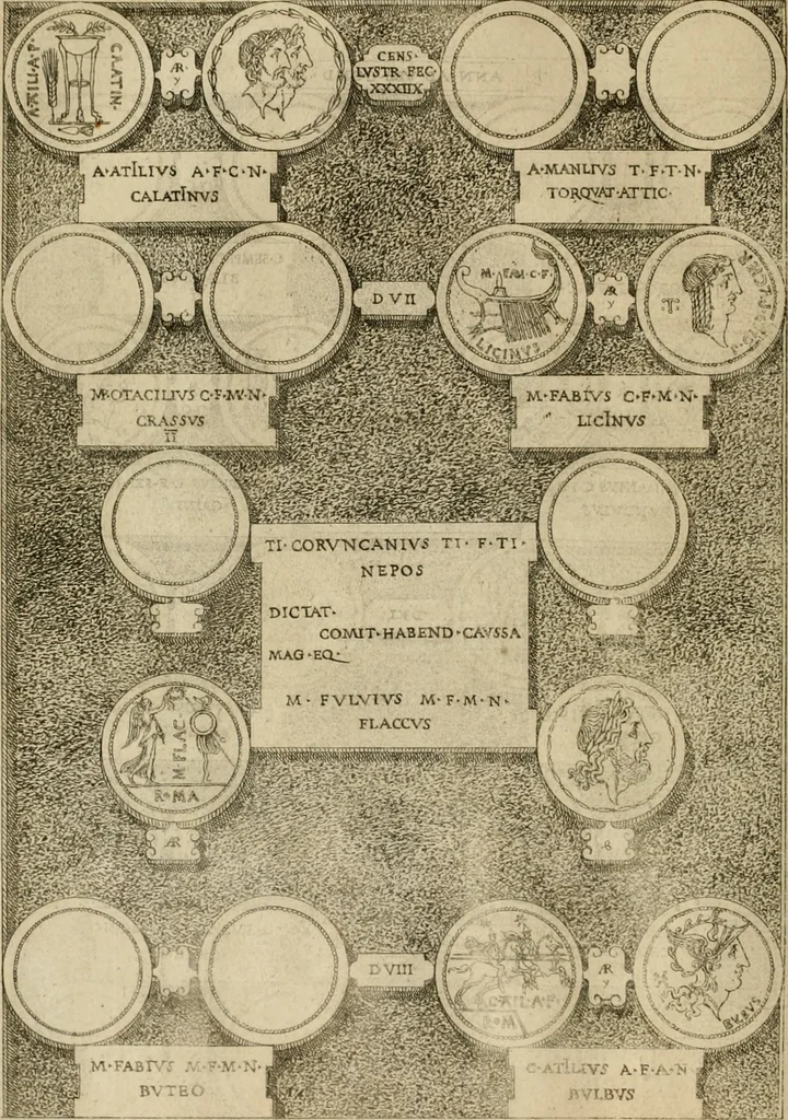 An illustration from Fastos magistratvvm et trivmphorvm Romanorvm ab vrbe condita ad Avgvsti obitvm, ex antiqvis tam nvmismatvm qvam marmorvm monvmentis restitvtos, 1566, leaf 123