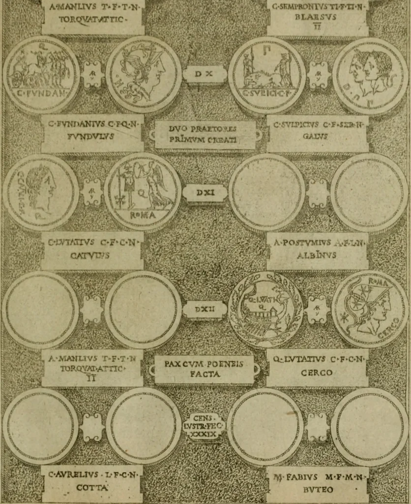 An illustration from Fastos magistratvvm et trivmphorvm Romanorvm ab vrbe condita ad Avgvsti obitvm, ex antiqvis tam nvmismatvm qvam marmorvm monvmentis restitvtos, 1566, leaf 124