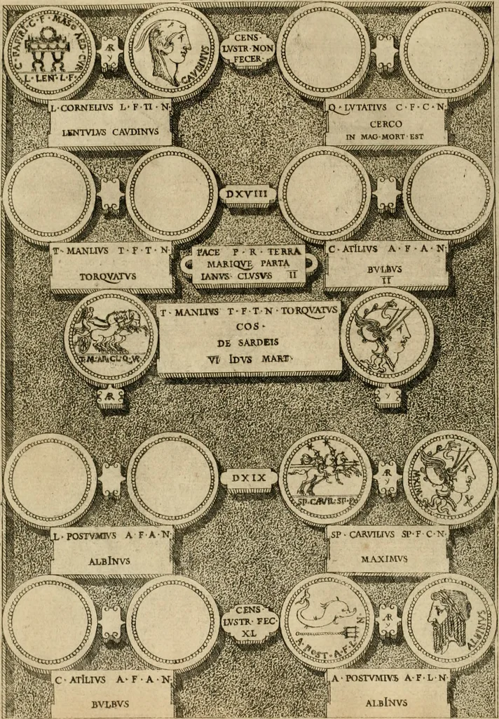 An illustration from Fastos magistratvvm et trivmphorvm Romanorvm ab vrbe condita ad Avgvsti obitvm, ex antiqvis tam nvmismatvm qvam marmorvm monvmentis restitvtos, 1566, leaf 127